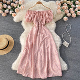 Women Floral Dress bohemian A-Line slash neck short sleeves dress summer vintage beach off shoulder Polka Dot