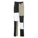 Contrast Color Distressed Jeans Pants Women Preppy Style Chic Streetwear Outfits High Waist Straight Denim Pants