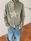Vintage Star Patch Baggy Zip Up Hoodie-Outfit