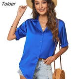 Summer Blue Loose Blouse Women Casual Button Short Sleeve White Shirt Women Notched Office Lady Solid Blouses Tops