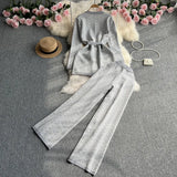 Toloer Suit Female Casual Temperament V Collar Waist Belt Knit Cardigan Jacket Three Piece Set High Waist Wide Leg