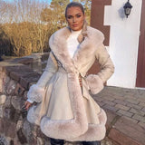 PU Leather Jackets Women Fashion Tie Belt Waist Coats Women Elegant Side Pockets Faux Fur Long Jackets Female