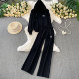Wind Pink Tie With Thin Hooded Knitted Long-Sleeved Sweater High-Rise Broad Leggings Embroidery