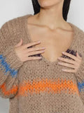 Autumn And Winter Loose Color Stripe V-Neck Collar Knitted Shirt Long-Sleeved Sweater