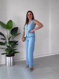 Women's Temperament Elegant Solid Color V-Neck Sleeveless Vest High-Rise Broad Leg Trousers