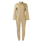 Women's 2025 Autumn And Winter Fashion Style Pure Color V-Neck Long-Sleeve Top Pants African
