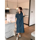 Korean Summer Denim Dress Women Loose Short-Sleeved Retro Age-Reduced Pregnant Women's