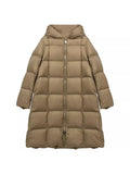 90 White Duck Velvet Long Down Jacket Female Winter New Loose Add Thick Fashion Square Pure Color Over The Knee Hooded Coat-Outfit