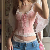 Toloer And Hot Girl Wind Pink Lace Stitching Sling V Tie Slim Heavy Industry Design Vest-Outfit