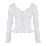 Fairy Solid Color Ruffled Lace Collar Long Sleeve Blouse-Outfit