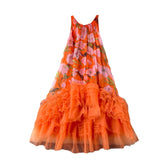 Retro Court Style Design With A Sense Of Fashion Print Splicing Mesh Tau Pong Irregular Lotus Leaf-Side Dress