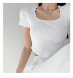 Toloer Letter Embroidered Slim Bottom Shirt Square Collar Low Breast Collarbone Short-Sleeve T-Shirt Midcrop High Waist