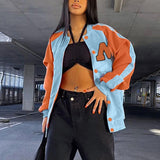 2022 Autumn Women Oversize Contrast Color Letter Printed Uniform Baseball Jacket Couple Harajuku Streetwear Single Breasted