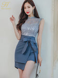 Han Queen Hot sale Summer Korean New OL Elegant Lace Hollow Out Tops + Bow Bandage Bodycon Mini Skirt 2 Pieces Suits Sexy Set-Outfit