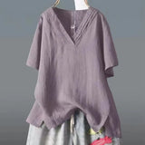 Summer New Solid Color Buffet Short-Sleeved V-Neck T-Shirt Women Irregular Large Cotton Loose Leisure