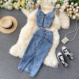 Kong Style In Women's Clothing Set 2025 New Female Sense Short Sling Vest High-Waisted Denim Skirt