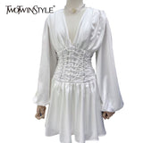 Cross Bandage Sexy Party Dress For Women V Neck Lantern Sleeve High Waist Slim Mini Dresses Female Fashion