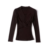 Toloer Shoot New Foreign Style Fashion Versatile V-Neck Long Sleeve Solid Color Temperament Mesh Bottom Shirt T-Shirt-Outfit