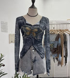 Shooting Pure Sexful V-Neck Umbilly T-Shirt Female Hairy Denim Butterfly Embroidered Mesh Yarn Long Sleeve Top
