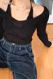 Women Cropped Sweater Korean V Neck Y2K Tops Pullover Halter Off Shoulder Sweaters Long Sleeve Fake Two Piece