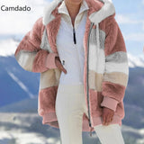 Winter Hooded Jacket Women 5X Plus Size Cotton jacket fashion Plush patchwork zipper pocket loose Long Sleeve Women Top