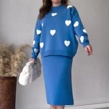 Set Women Two Piece Sets Round Neck Full Sleeve Print Sweaters Knitted Tops Mid Length Skirts Loose Casual Splice-Outfit