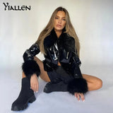 Yiallen Solid New Hipster Coat Women Patchwork Faux PU Leather Feathers High Street Style Hipster Long Sleeve Hot