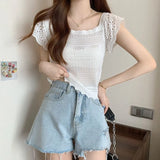 Small Fresh Short-Sleeved Knitted Gentle T-Shirt Design A Sense Of Niche Temperament French Collar Top Short