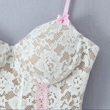 White Lace Pink Bow Strap Corset Top-Outfit