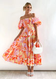 Summer New Bubble Sleeve Holiday Show Skinny Dress Babes High-Waisted Shoulder-Print Dress Dress