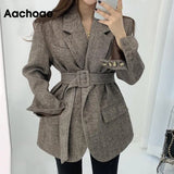Aachoae Women Autumn Winter Wool Coats With Belt Casual Turn Down Collar Long Sleeve Pocket Outerwear Female Elegant Office