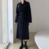 Women Minimalist Long Woolen Coat with Belt Full Sleeve Loose Warm Korean Ladies Overcoat Casual Outerwear Autumn