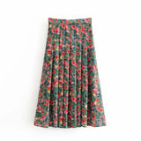 Elegant Vintage Green Long Skirt High Waist Print Skirt Seaside Holiday Pleated Skirt Split Elegant Floral Skirt
