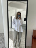 Hot Loose Long-Sleeved Open-Fork T-Shirt Women's Solid Color 100% Cotton Top Spring And Summer Women's