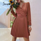 Simplee Elegant v-neck A-line pleated midi dress women green Office long sleeve belt blazer dresses Casual female vestidos