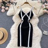 Color Striped Tight Stretchy Knit Tank Dress Elastic Slim Sheath Ladies Party Sexy Body-con Step Knit Short