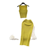 Kong Style Retro Hottie Suit Women's Summer Short Vest Top With High Waist Half Skirt Knit Two