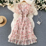 Mesh Floral Print Cake Dress Zipper V Neck Fashion Beading Short Sleeve Summer French Sweet Women Princess Long