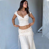 Toloer Summer New Women's Sexy Crop Low Breast Short Vest French Temperament Pleated Skirt Suit