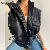 Nadafair Faux Leather Jacket Coat Women 2021 Spring Casual Pu Pockets Zipper Shrug Winter Sleeveless Jackets Coats Woman