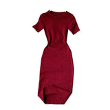 Solid-Color Temperament Round-Neck Knitted Tight Skirt Dress Bag Hip One-Step Skirt Dress Mid-Long