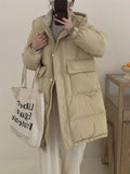 Korean Large Pocket Long Down Jacket Female 2024 Winter Fashion Thick Hooded Over The Knee Sweet White Duck Down Coat-Outfit