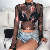 Toloer Sleeve Cupid Print T-Shirt Girl Autumn Burst Half High Collar Mesh Crop Street Top Girl-Outfit