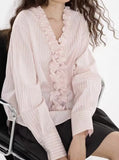 Sweet Lace Striped Shirt Woman 2025 Early Spring New Loose Thin Top Wood Ear V-Neck