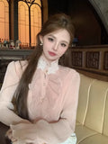 Women Shirts Ruffles Patchwork Stand Collar Winter French Style Flare Long Sleeve Blouse Female Elegant Sweet Tops-Outfit