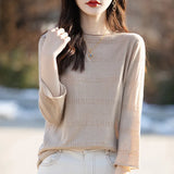 Toloer And Summer Thin Round Collar Jacquard Wool Knit T-Shirt Women's Seven Minute Sleeve Solid Color Bottom Sweater Middle Sleeve Cashmere Top-Outfit