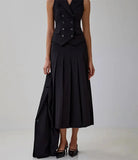 Buttoned Vest And Pleated Midi Skirt Two Piece Set-Outfit