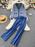 Plaid Knitted Two Pieces Suit Women Loose Knit Cardigan +Wide Leg Knitted Long Pant 2022 Winter OL Casual Sweater