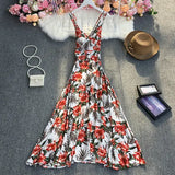 New Summer Fashion V-neck sleeveless off shoulder Dress high waist pleated waist print mid-length A-line