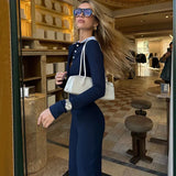 Blue Buttoned Collar Long Sleeve Jumpsuit-Outfit
